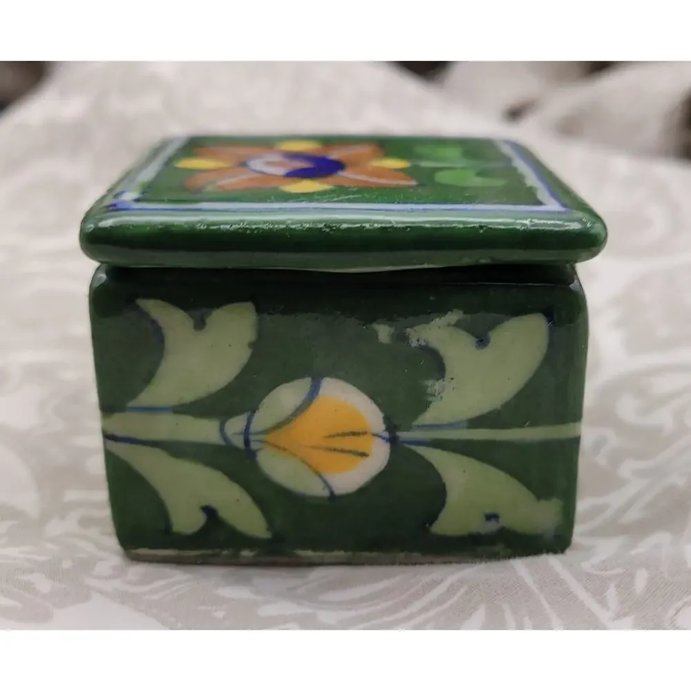 Vintage Ceramic Talavera Green Floral Hand Painted Jewlery Trinket Box, Wedding